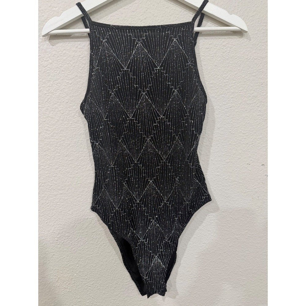 H&M Divided Black Silver Metallic Geometric Art Deco Bodysuit Medium